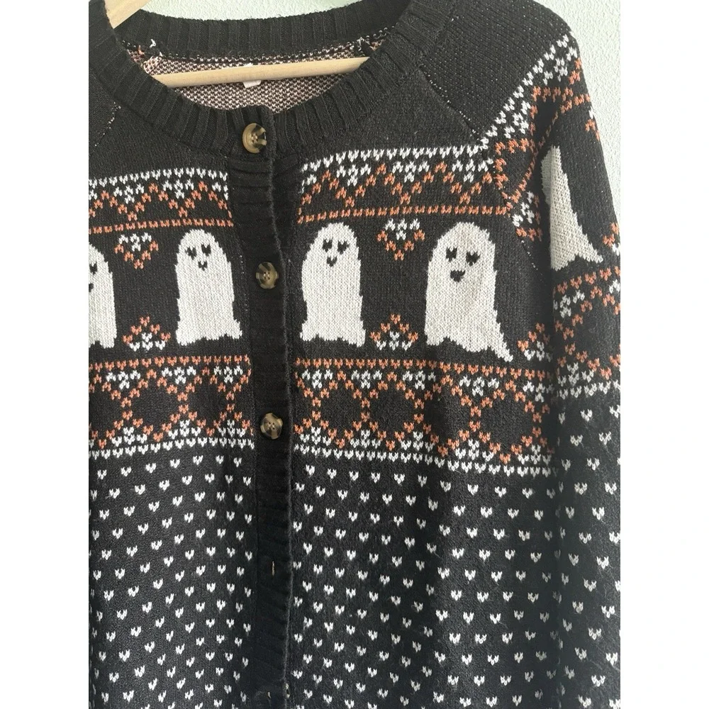 Maurices Cardigan Women Medium Black Ghost Fair Isle Halloween Button Up Sweater